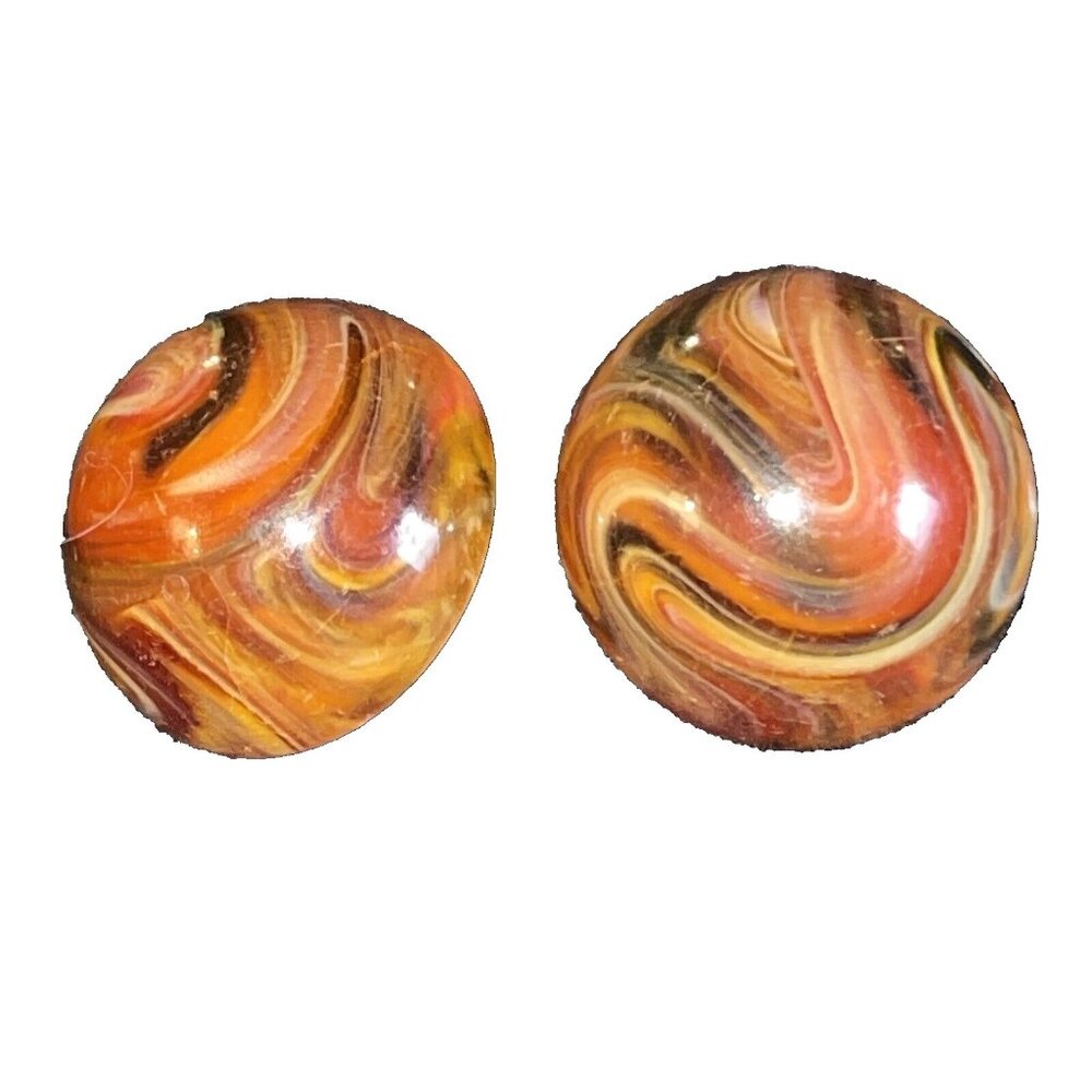 VTG Dome Plastic Clip On Button Earrings Marbled Retro Brown Orange Shades Round